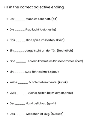 german adjective endings worksheet with answers – sample page 3