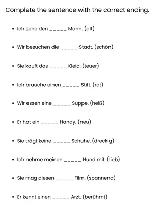 german adjective endings worksheet with answers – sample page 4