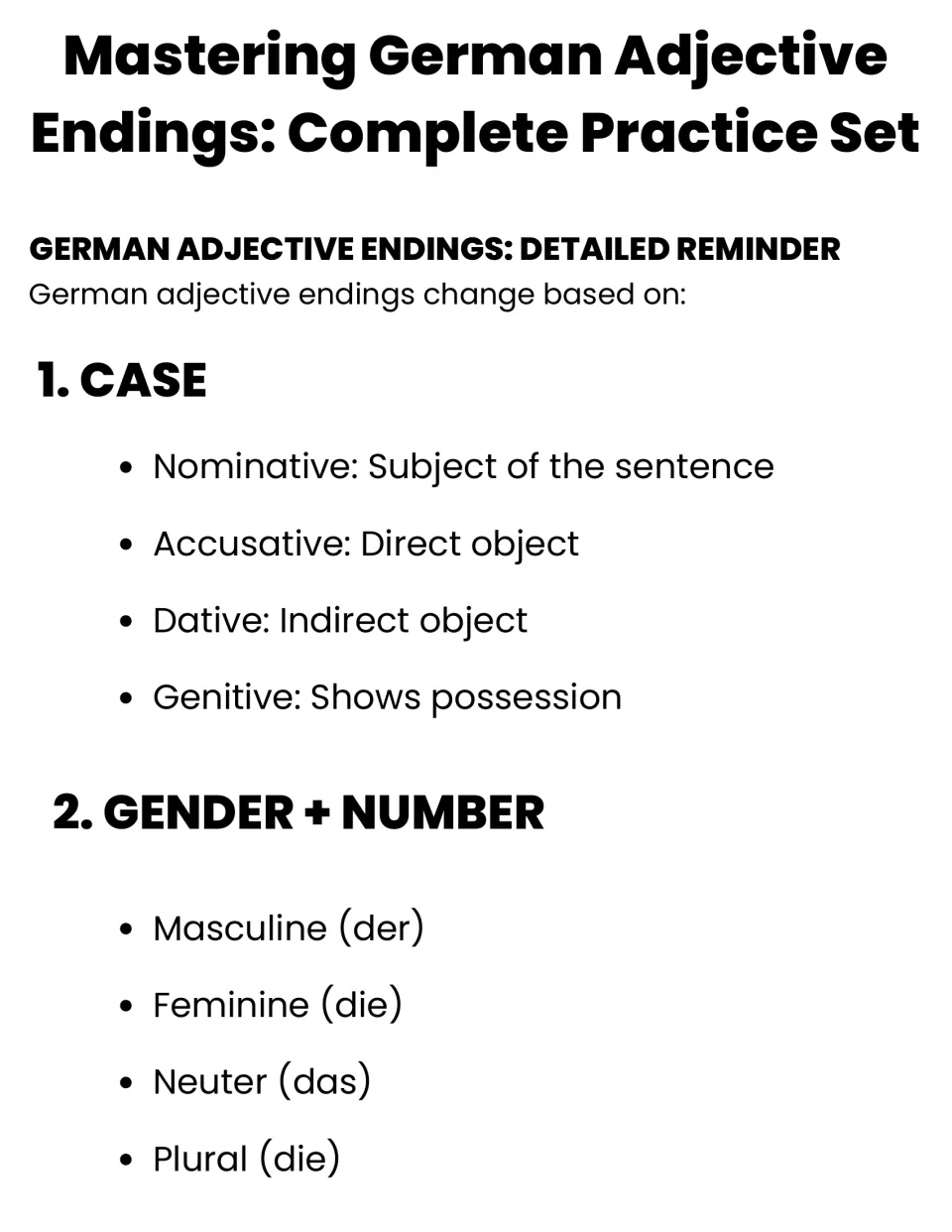 German adjective endings reminder: how case (nominative to genitive), gender and number change the ending