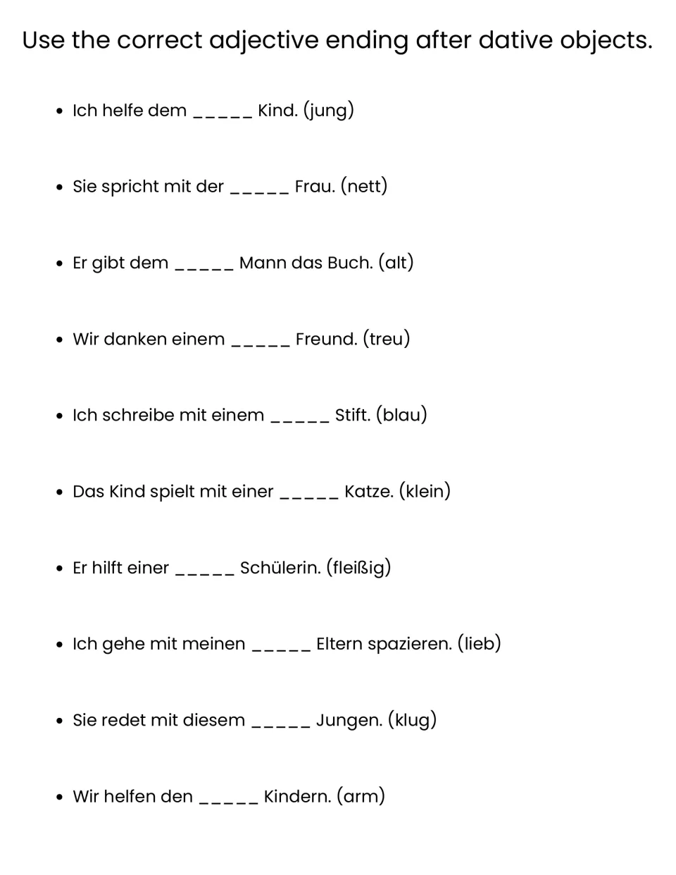 Dative adjective endings: students add endings after dem, der, einem, einer and meinen in 10 sentences