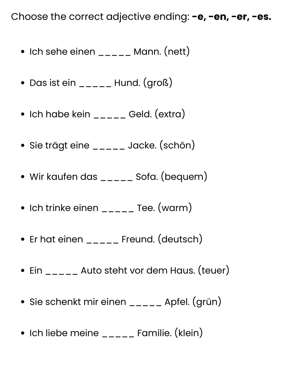 Mixed adjective ending review: students choose -e, -en, -er or -es for 10 sentences like Das ist ein ___ Hund