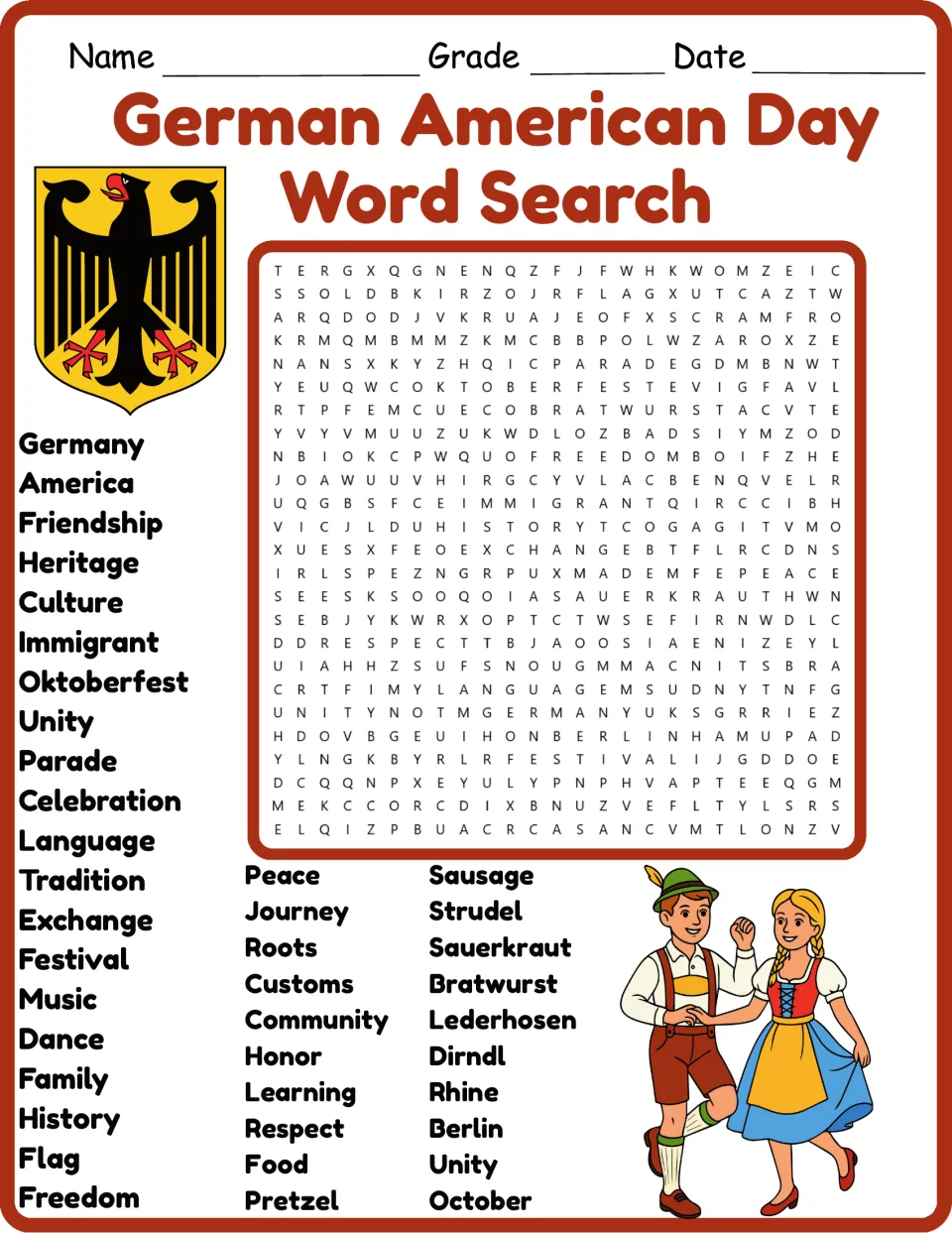 Color word search for German American heritage vocabulary, including Germany, Immigrant, and Oktoberfest