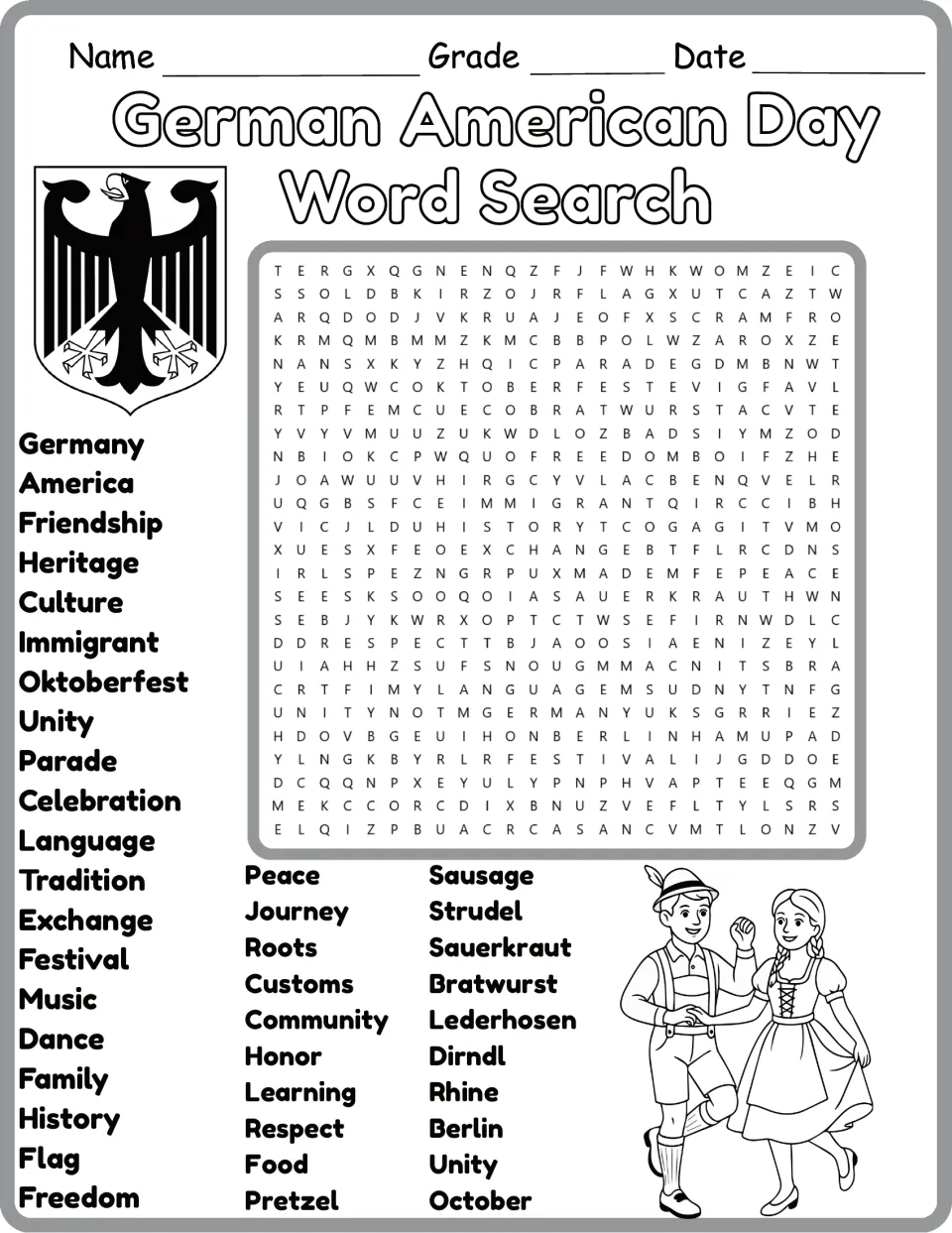 Black-and-white heritage word search featuring Germany, America, Friendship, Heritage, and Oktoberfest
