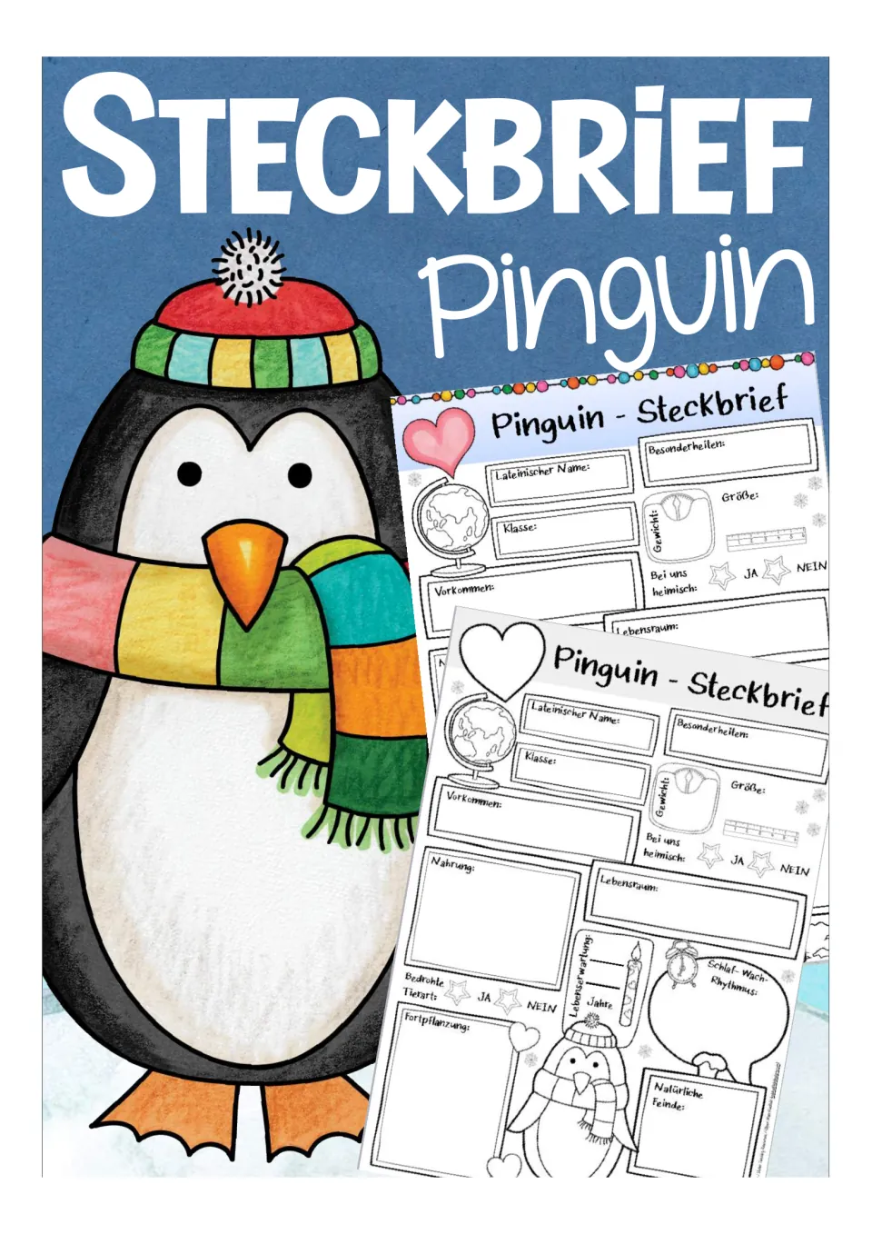 Cover for the German penguin profile worksheet, titled “Steckbrief Pinguin” (penguin profile), with previews