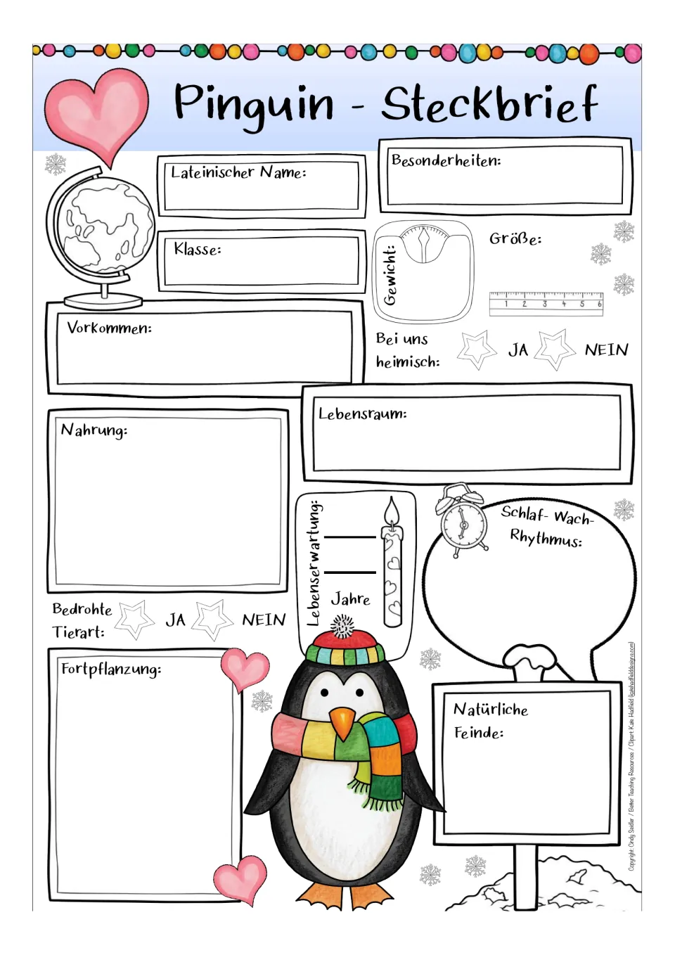 Color German penguin profile worksheet asking for scientific name, habitat, diet, reproduction, and predators