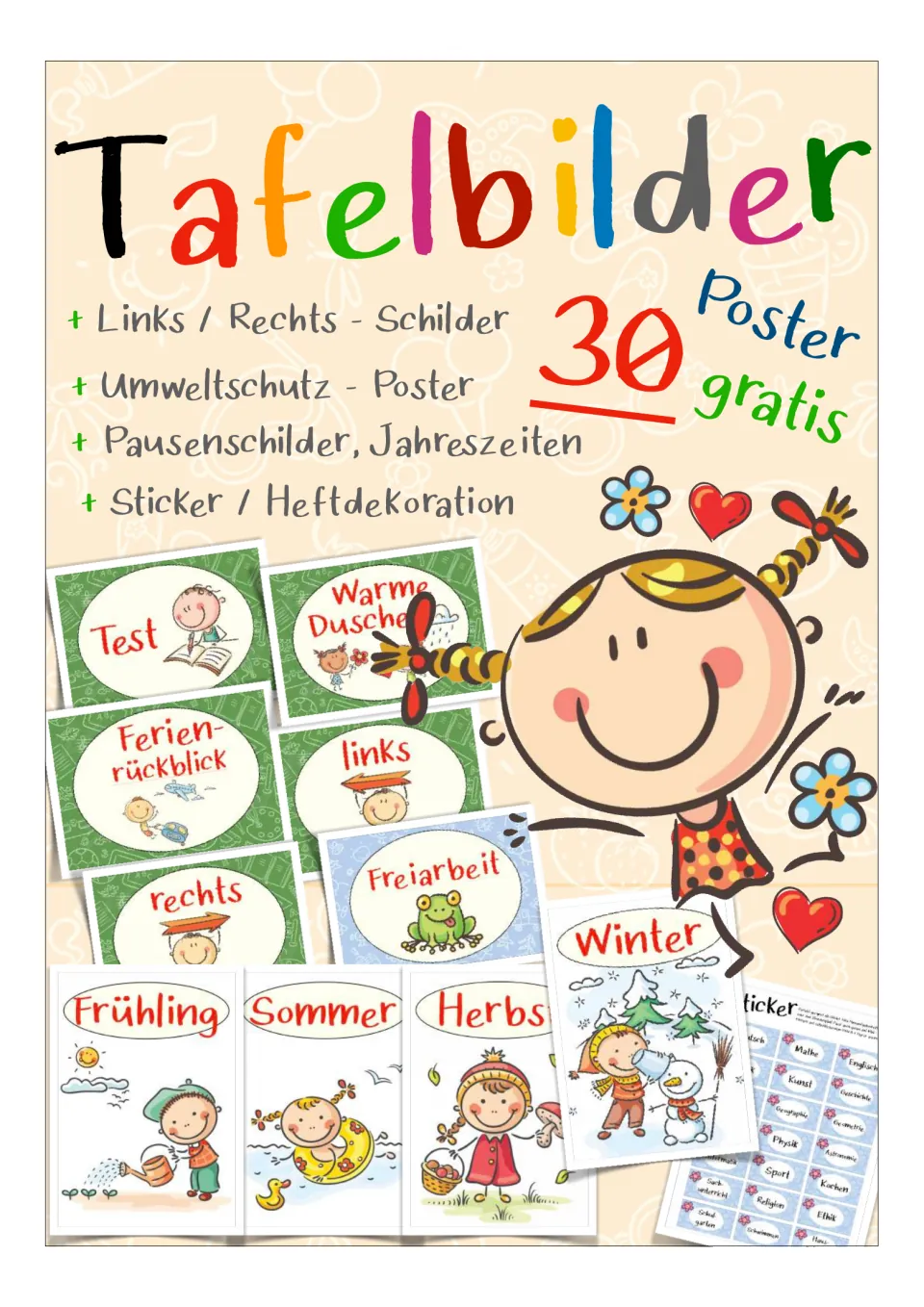 Cover of the German classroom poster collection, labeled 'Tafelbilder,' advertising 30 free posters