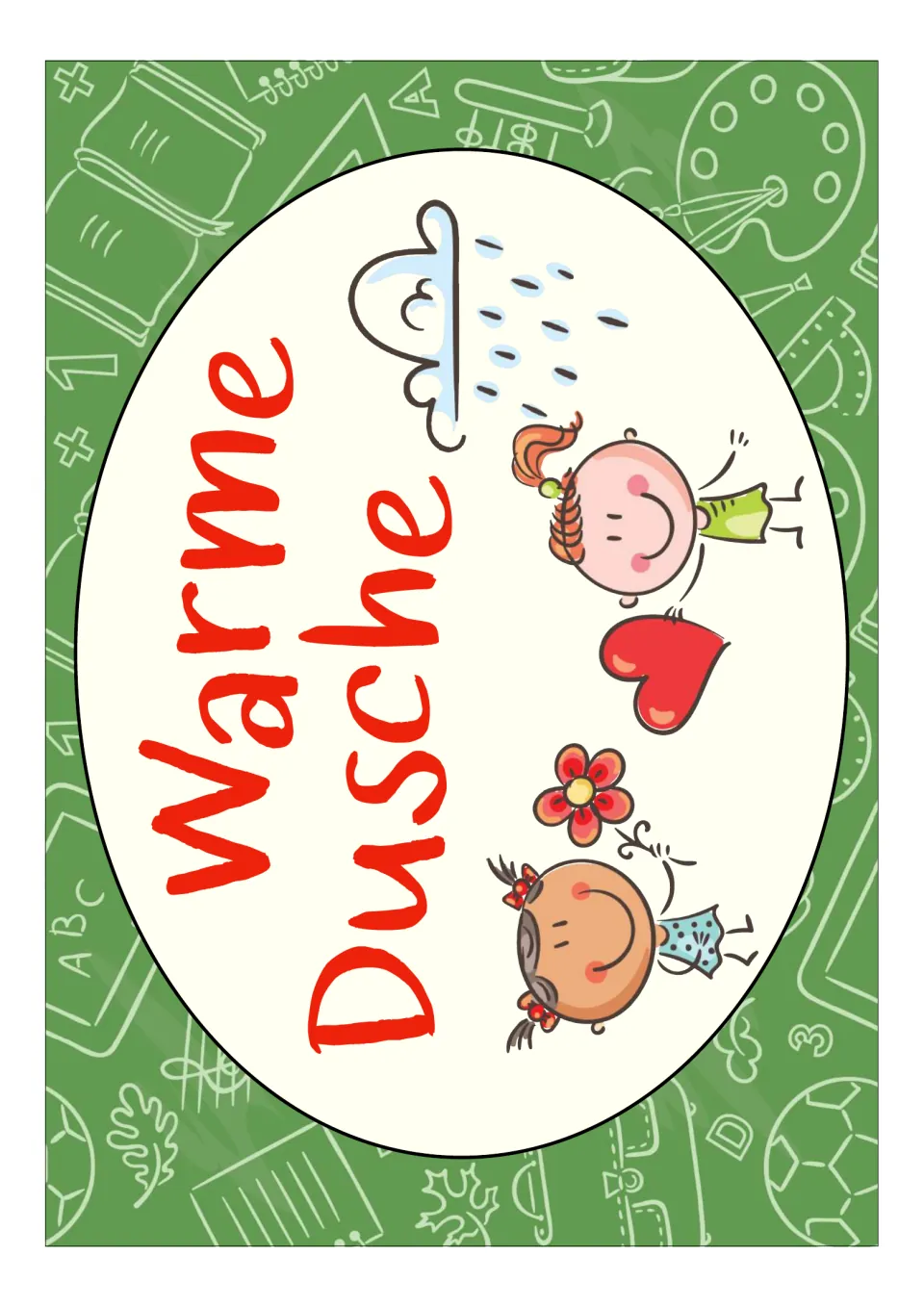 German classroom poster labeled 'Warme Dusche' (warm shower), showing two children beneath the heading