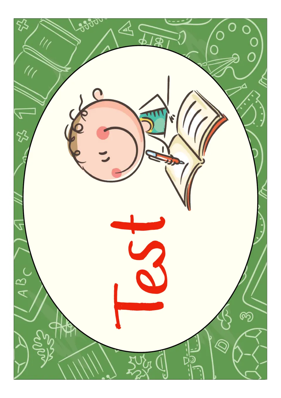 German classroom poster labeled 'Test' (test), illustrated by a smiling child writing in an open book
