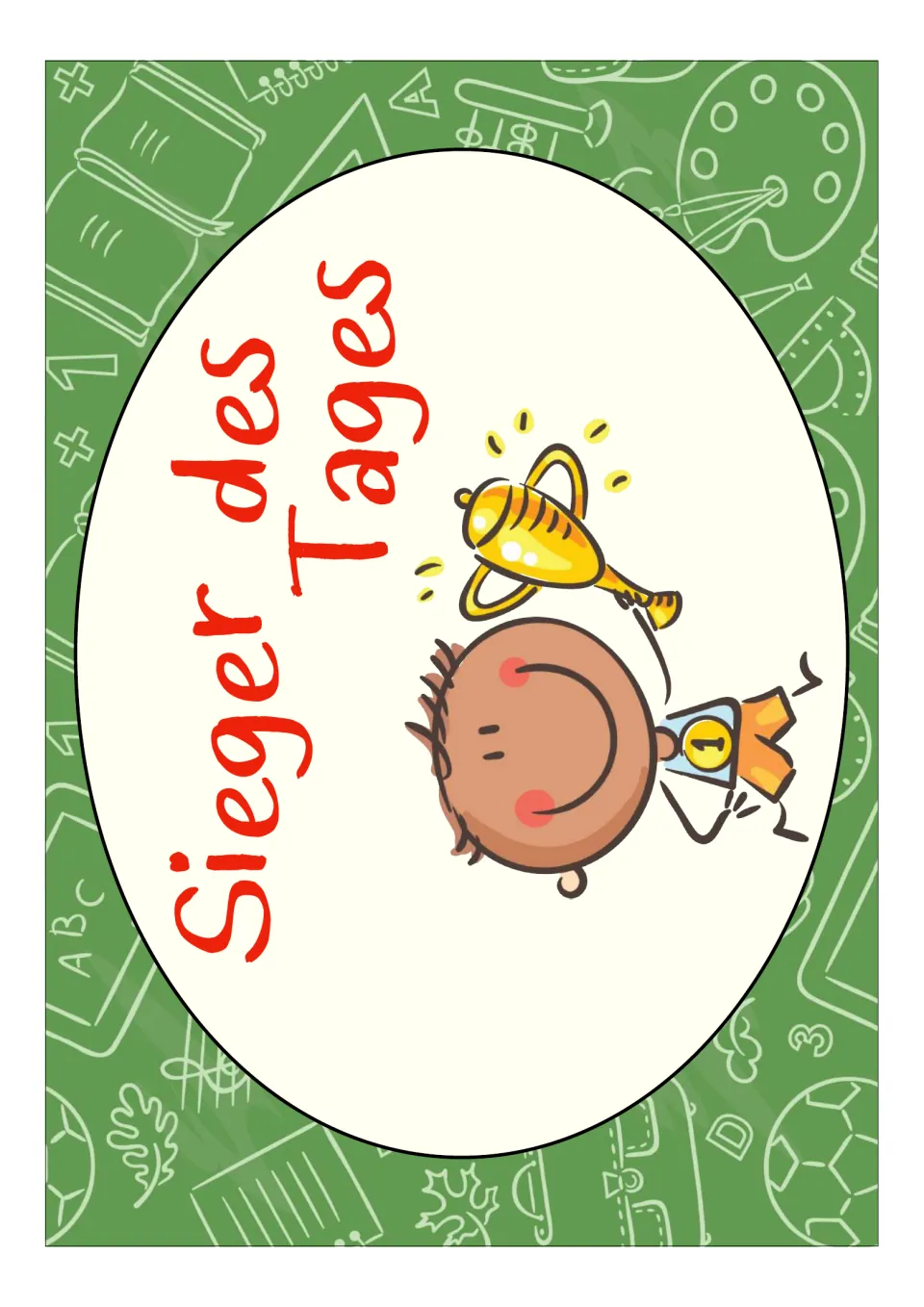 German classroom poster labeled 'Sieger des Tages' (winner of the day), showing a child holding a trophy