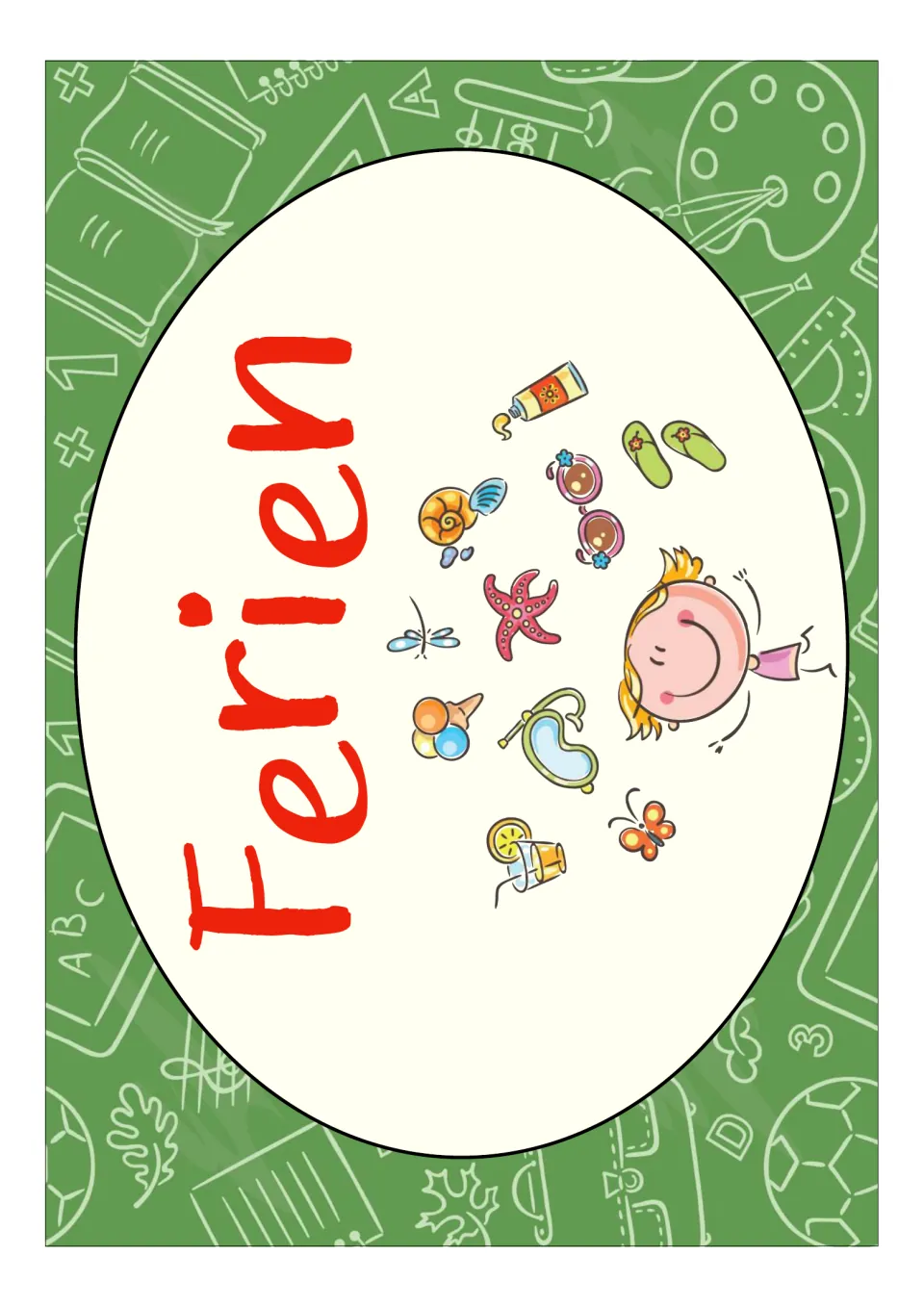 German classroom poster labeled 'Ferien' (vacation), showing a child, ice cream, sunglasses, and flippers