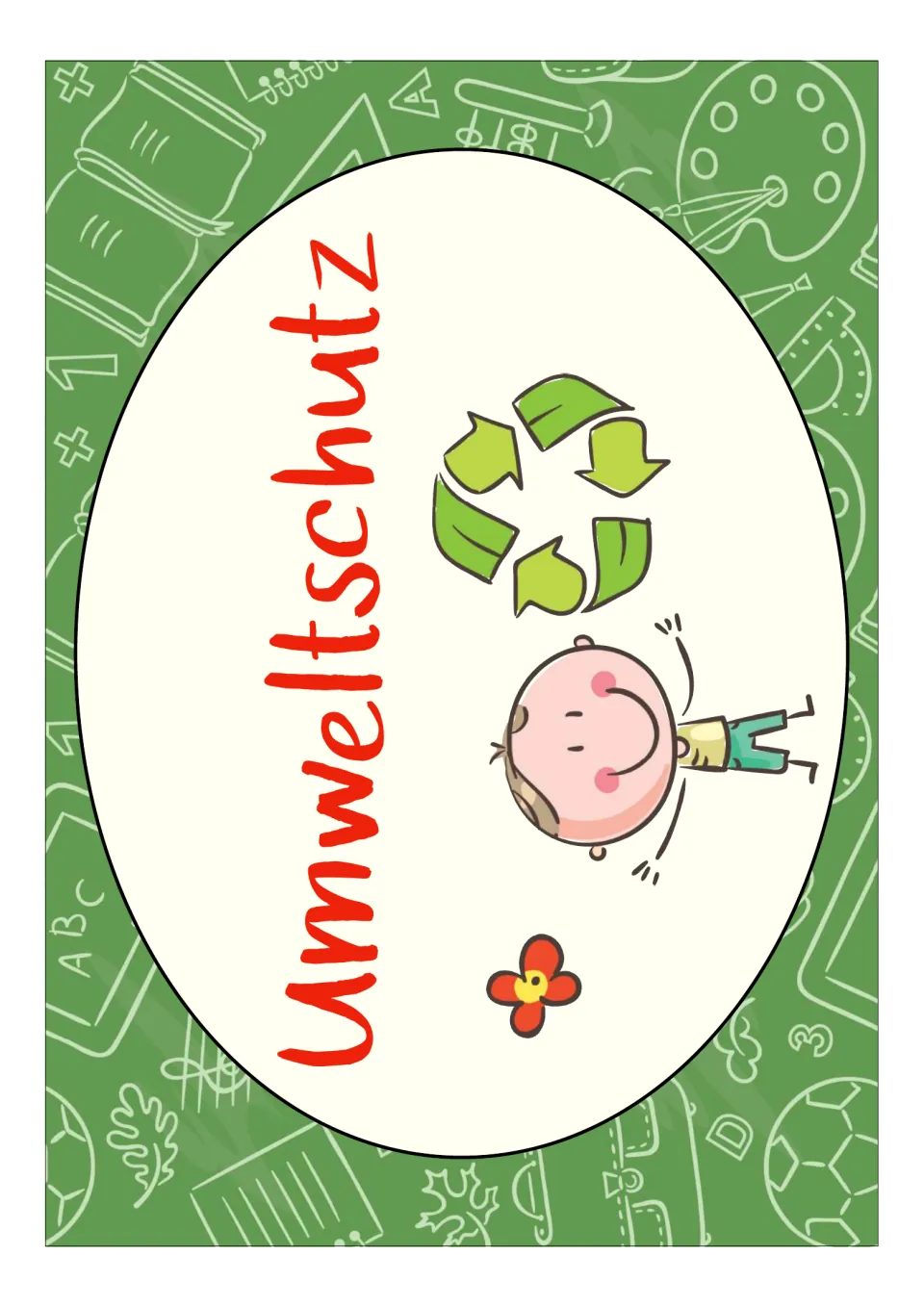 German classroom poster labeled 'Umweltschutz' (environmental protection), showing a child and recycling symbol