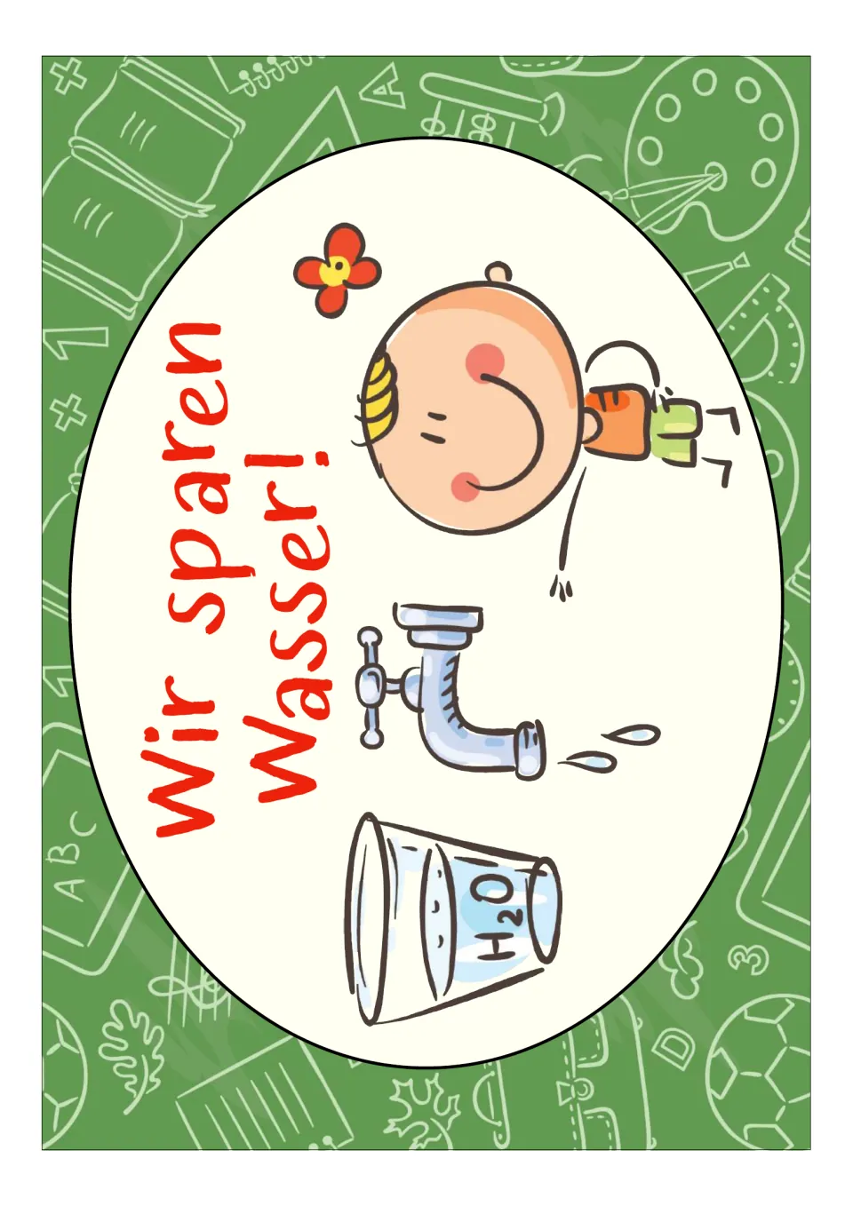 German classroom poster stating 'Wir sparen Wasser!' (We save water!), with a faucet and bucket labeled H₂O