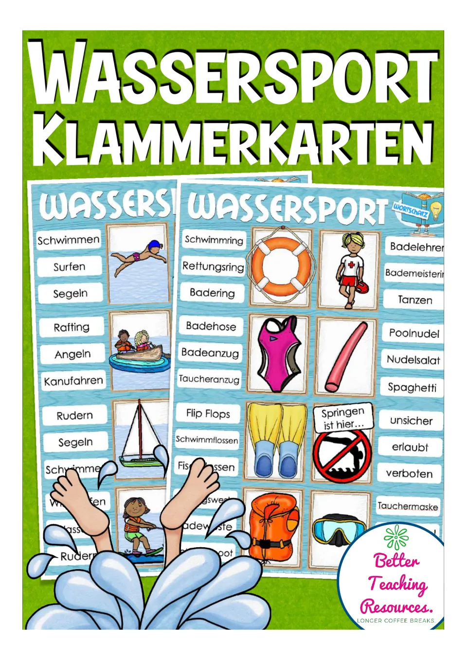 Cover of the German water-sports clip-card resource, showing samples of illustrated vocabulary choices