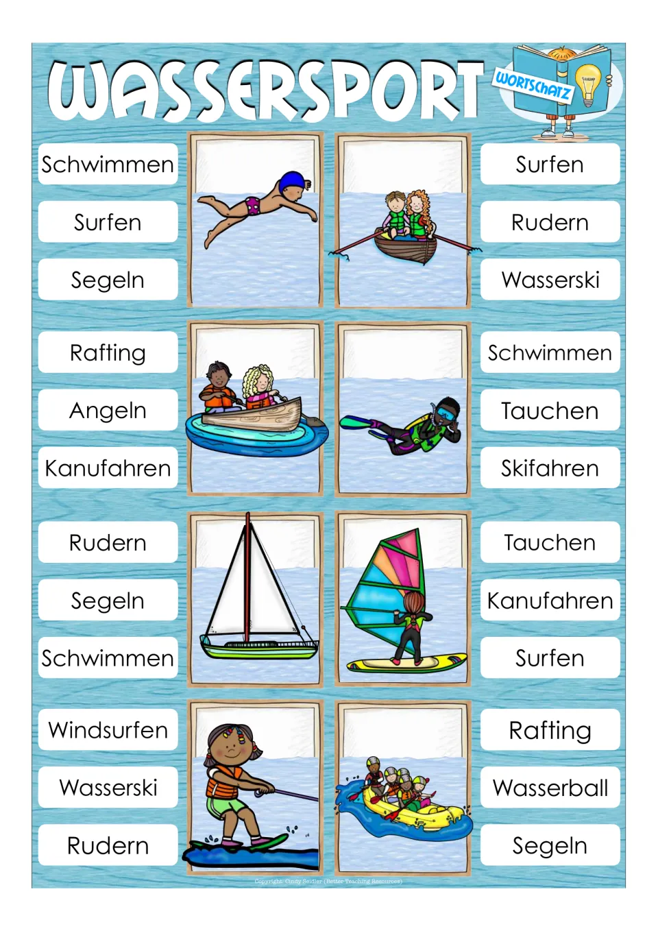 Eight German vocabulary items match water-sports pictures to words, including Schwimmen (swimming)
