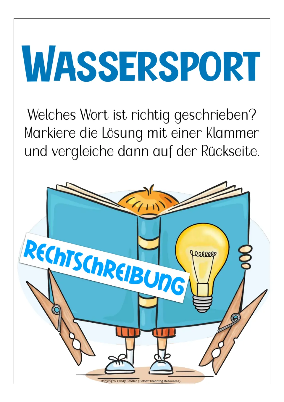 Spelling instructions for the German clip cards: clip the correctly spelled word and check the reverse