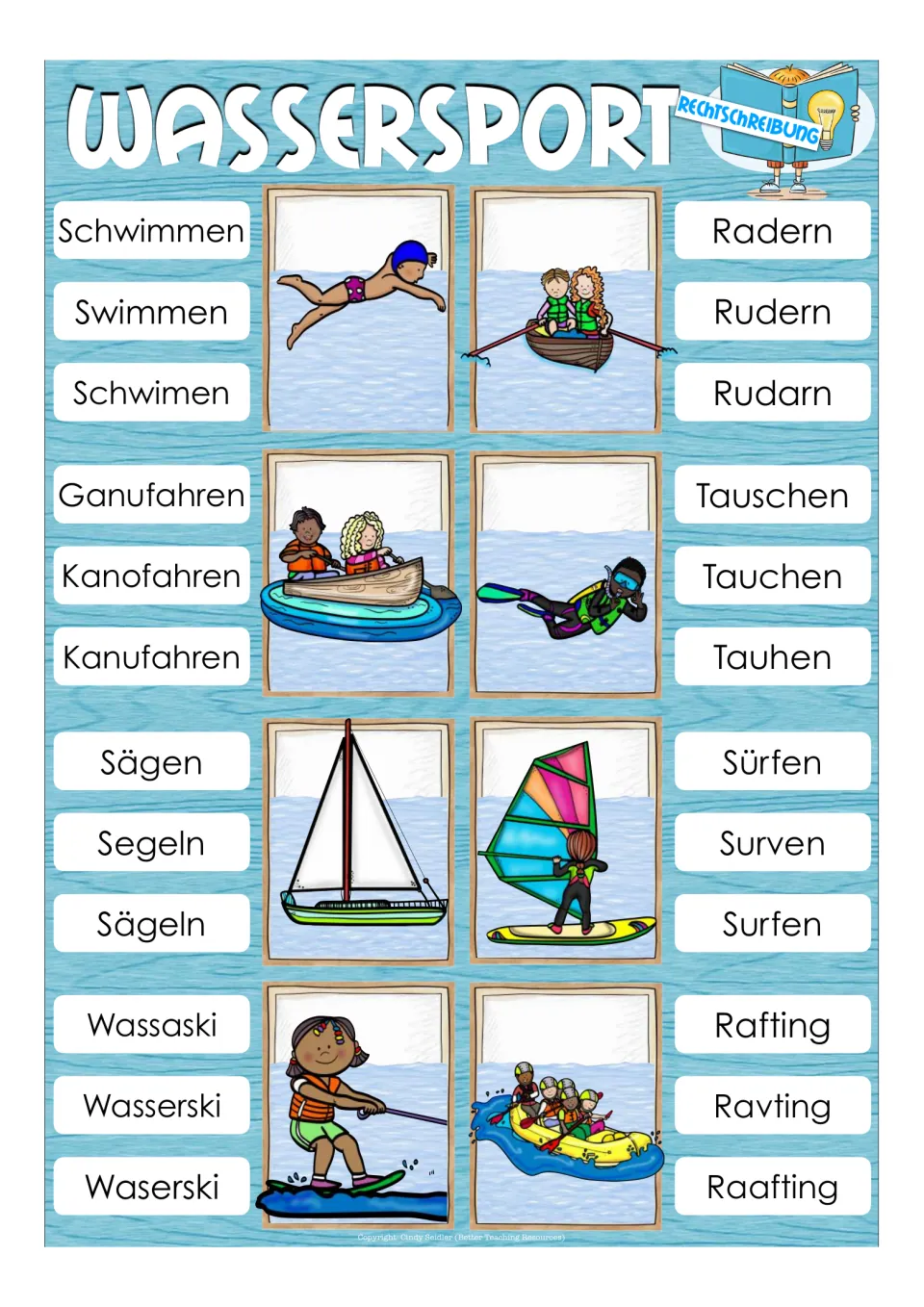 Eight German water-sports spelling items offer three choices each, including Rudern (rowing) and Rafting