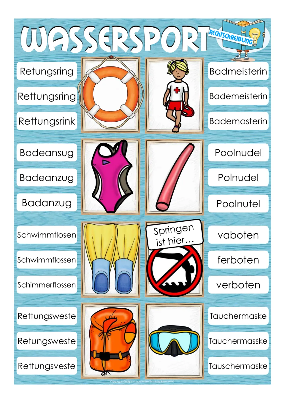 Eight German spelling items cover swimming gear, a lifeguard, and a diving rule, including Poolnudel (pool noodle)