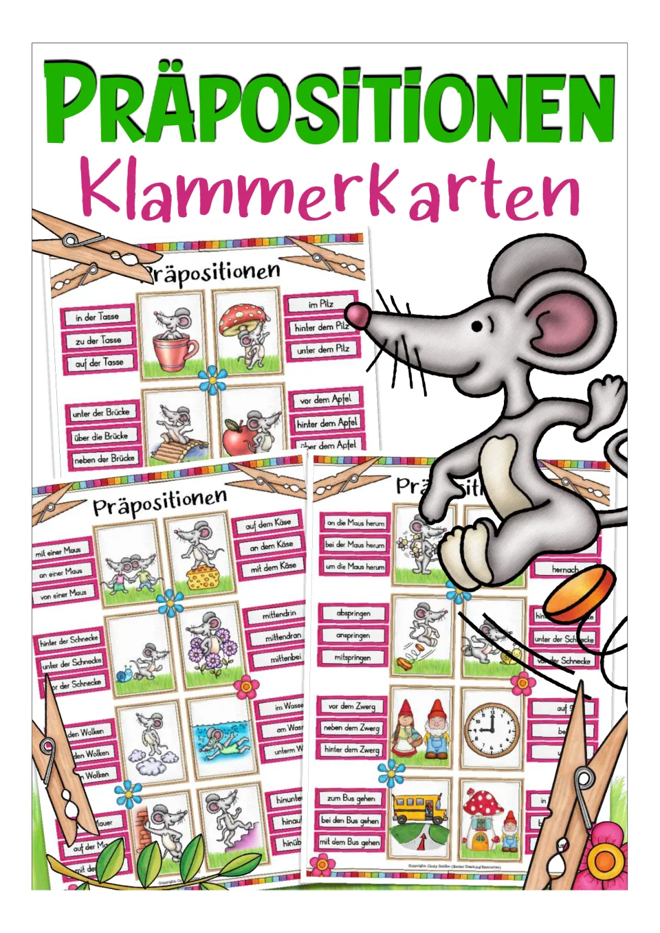 Cover of German Clip Cards: Prepositions Vocabulary, labeled 'Präpositionen Klammerkarten,' with samples