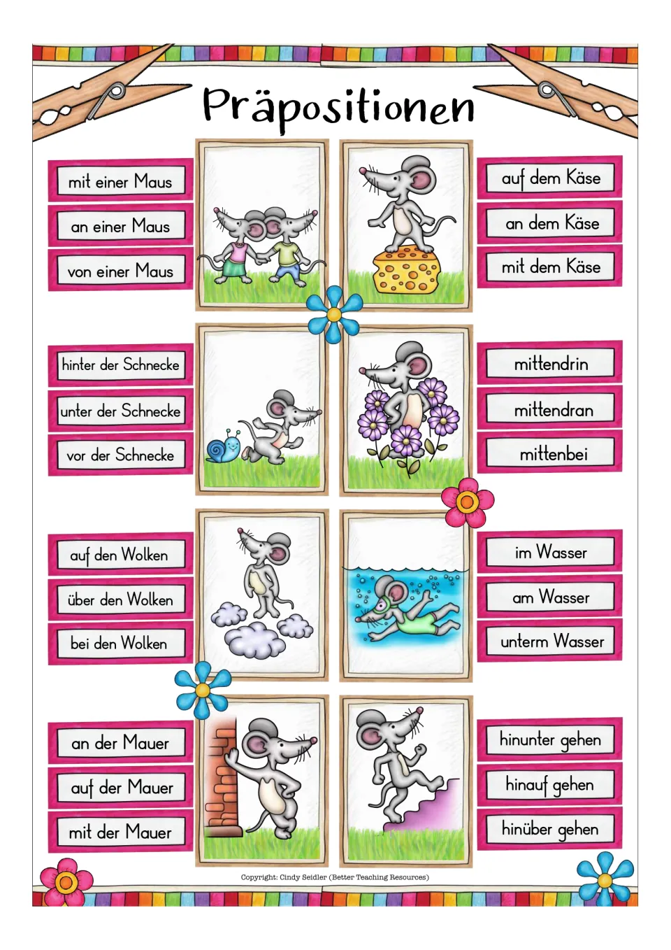German clip-card items 9–16: mit einer Maus (with a mouse), auf dem Käse (on the cheese) and six more