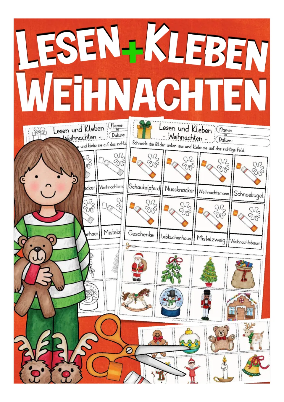 Cover for German Christmas reading and gluing activities, showing sample word-and-picture matching sheets