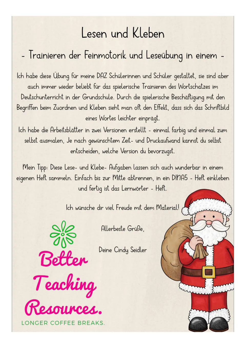 Teacher directions explain German word matching, color and coloring versions, and collecting work in a notebook