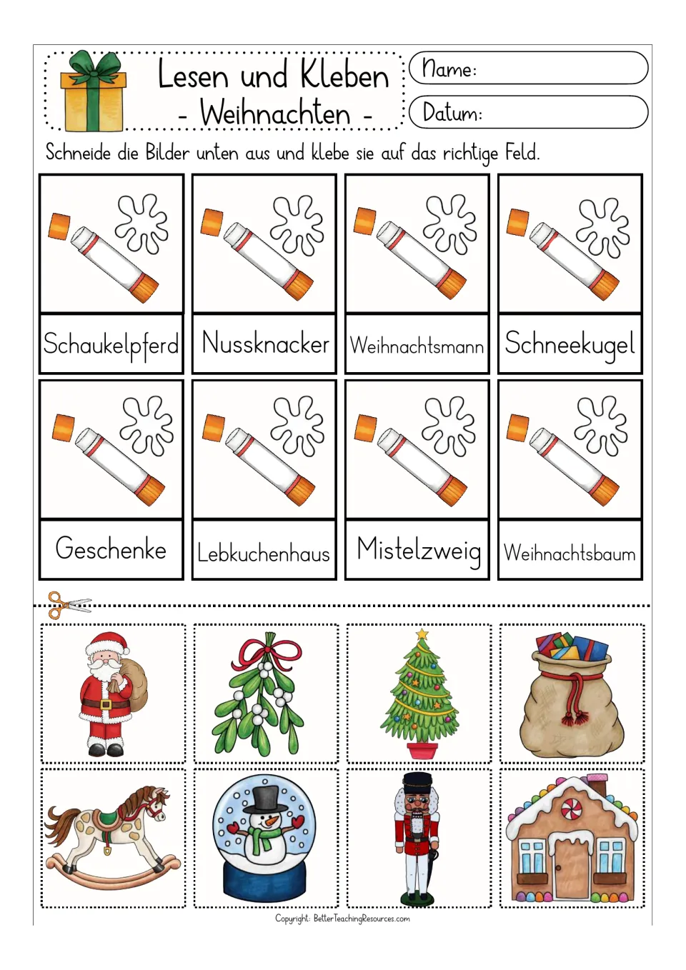 First color matching activity: Schaukelpferd (rocking horse), Nussknacker (nutcracker), and six more German words