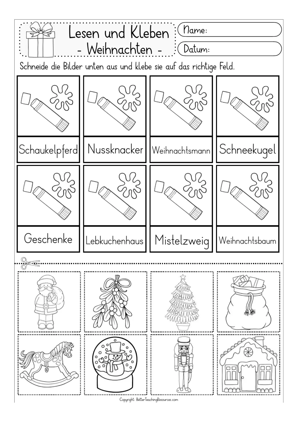 First black-and-white matching activity: Geschenke (gifts), Mistelzweig (mistletoe), and six more German words