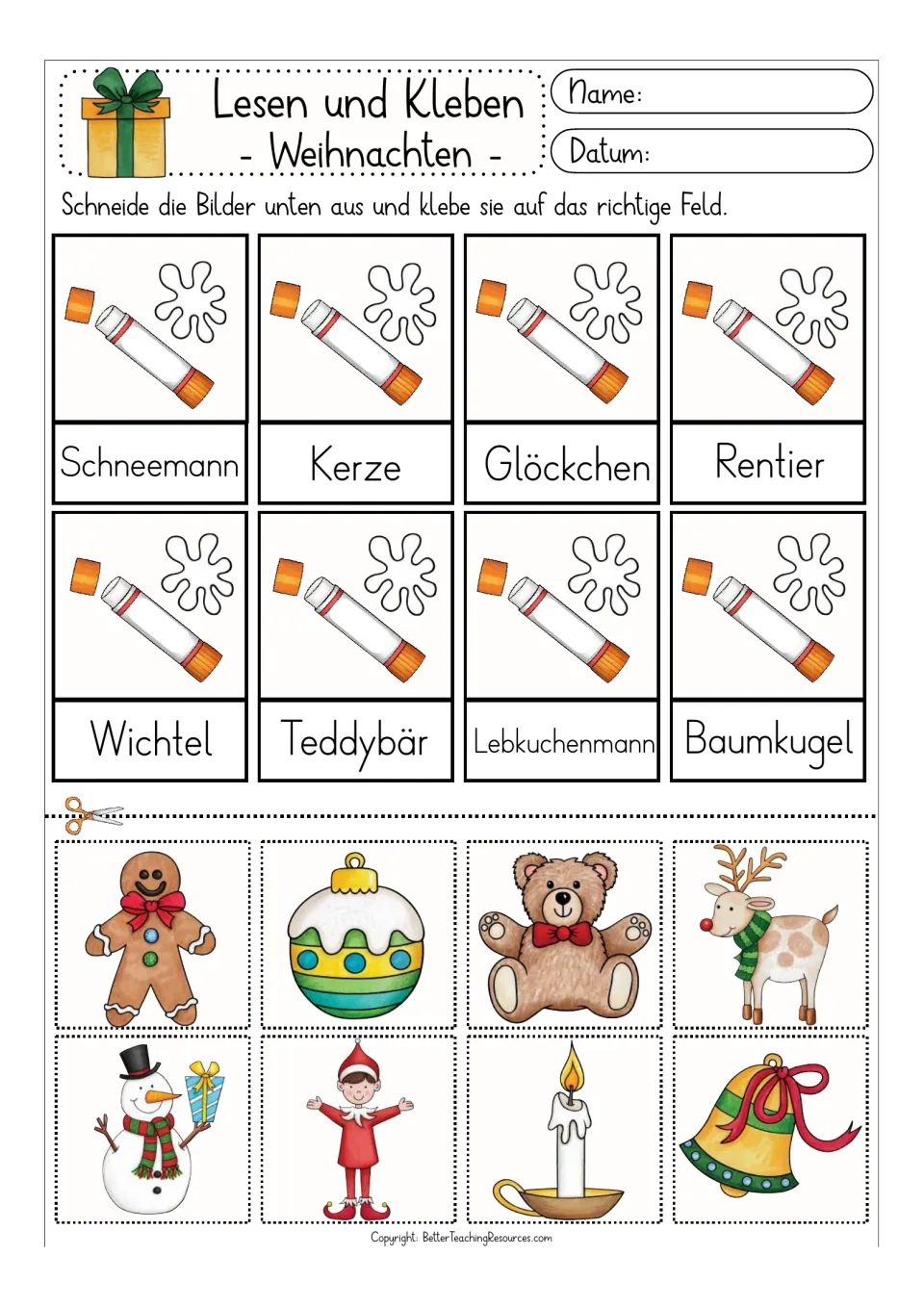 Second color matching activity: Schneemann (snowman), Kerze (candle), Rentier (reindeer), and five more words
