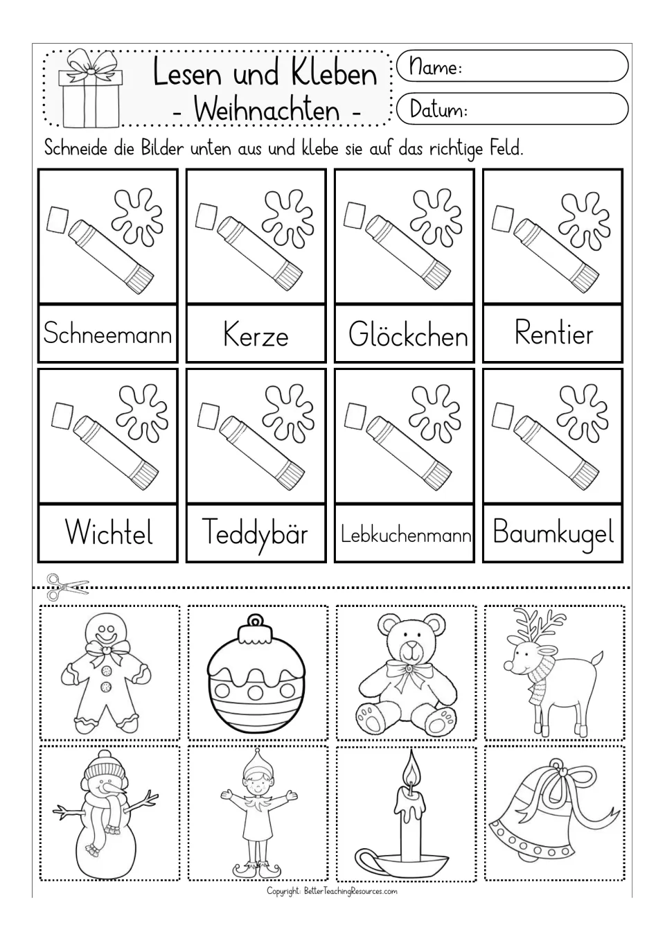 Second black-and-white matching activity: Teddybär (teddy bear), Baumkugel (tree ornament), and six more words