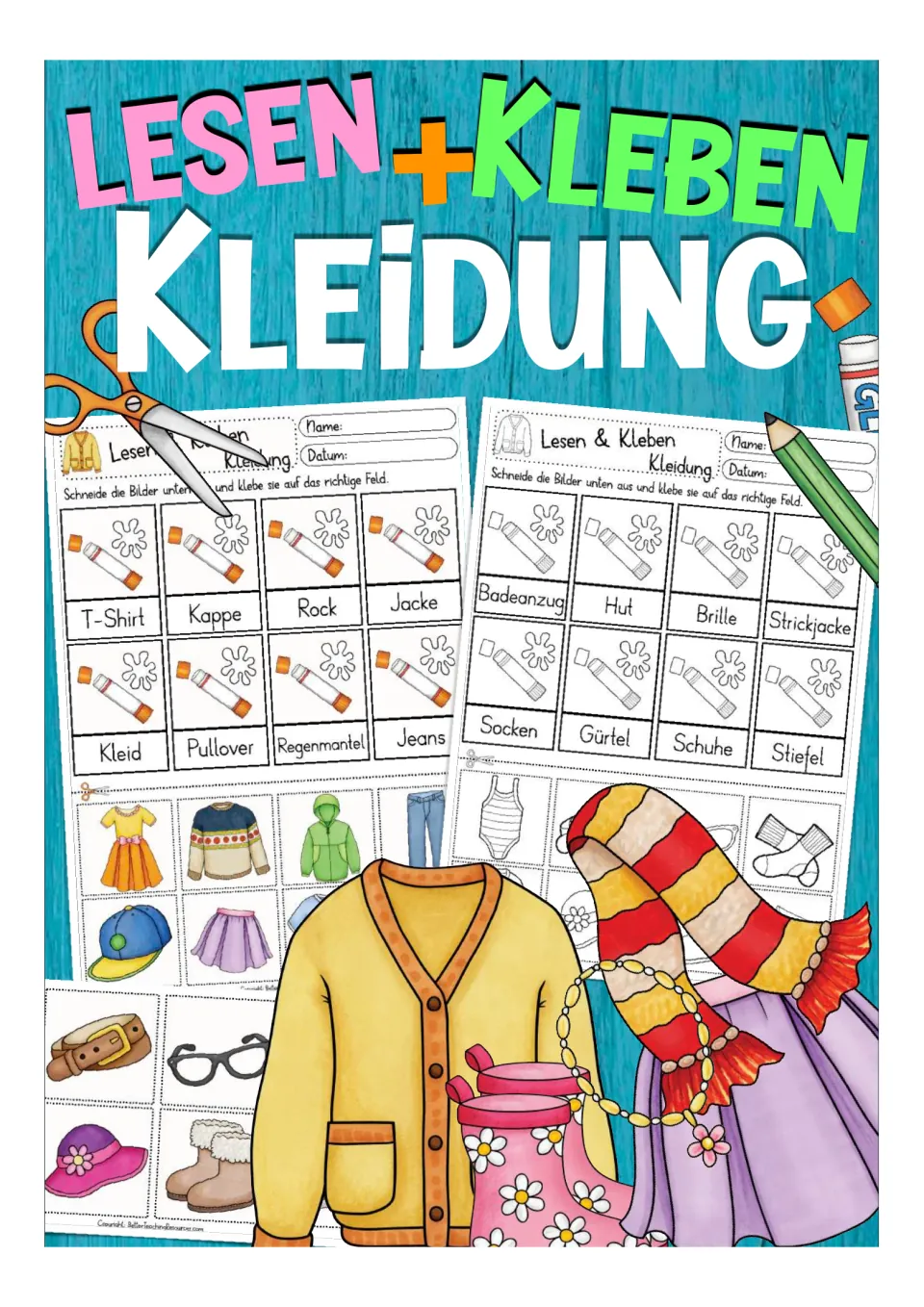 Cover of the German clothing cut-and-glue resource, titled Lesen + Kleben Kleidung, showing activity samples