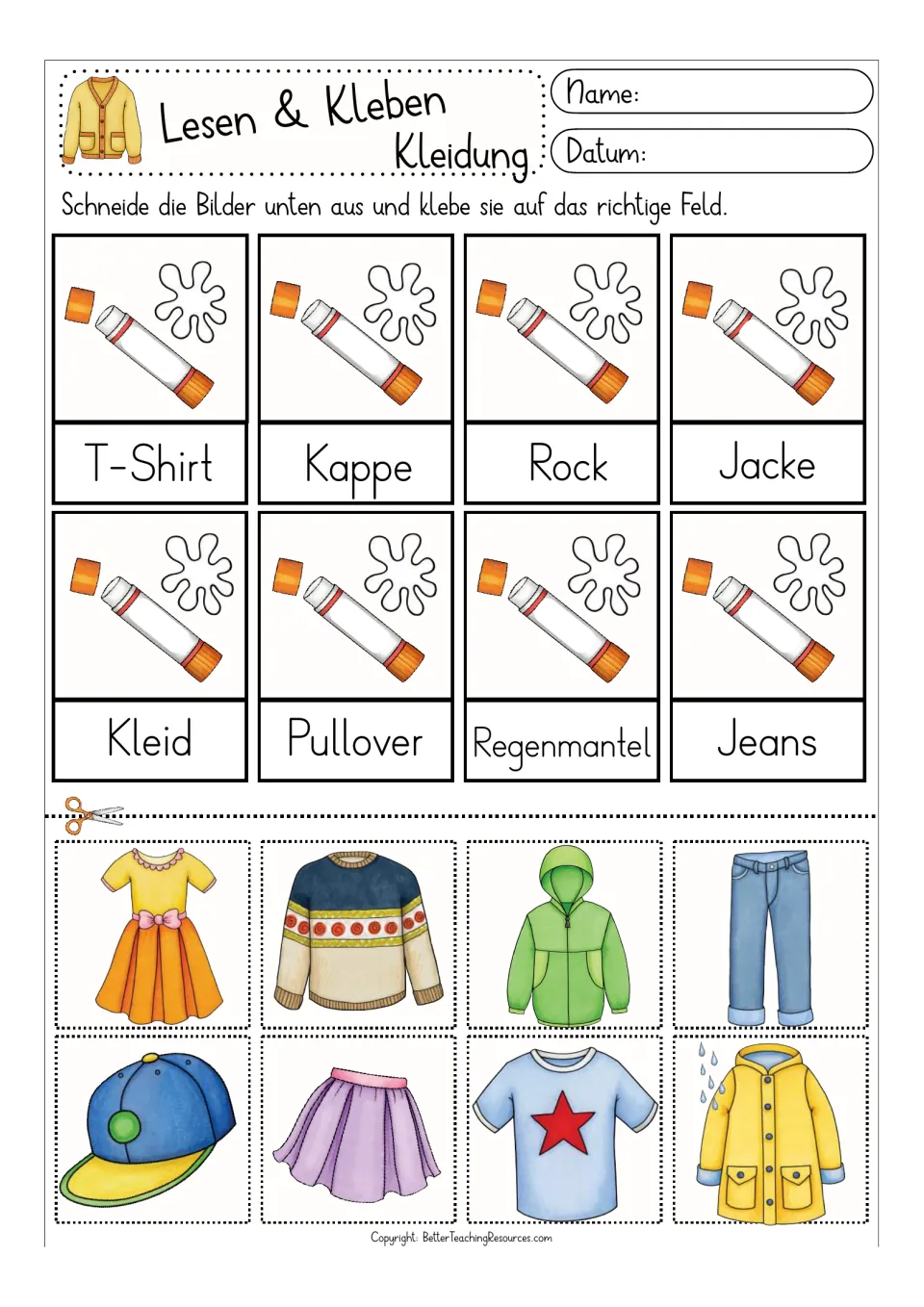 Color matching activity for eight German clothing terms, including T-Shirt, Kappe (cap), Rock (skirt), and Jacke