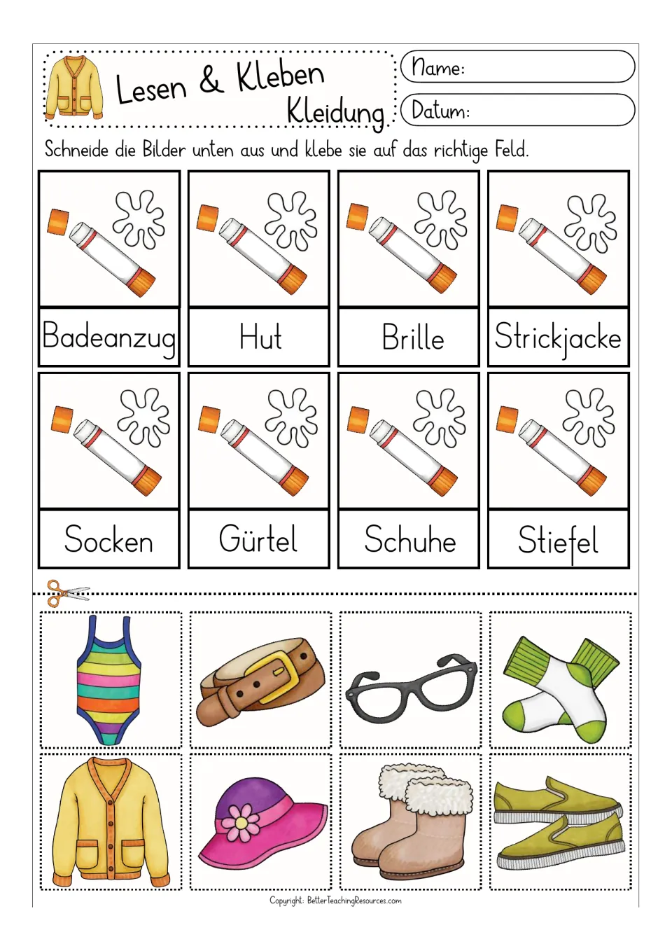 Color matching activity for eight German clothing terms, including Badeanzug (swimsuit), Hut (hat), and Brille