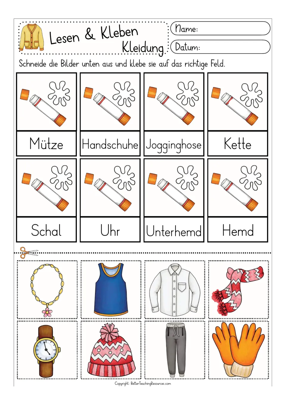 Color matching activity for eight German clothing terms, including Mütze (winter hat), Handschuhe (gloves), and Hemd