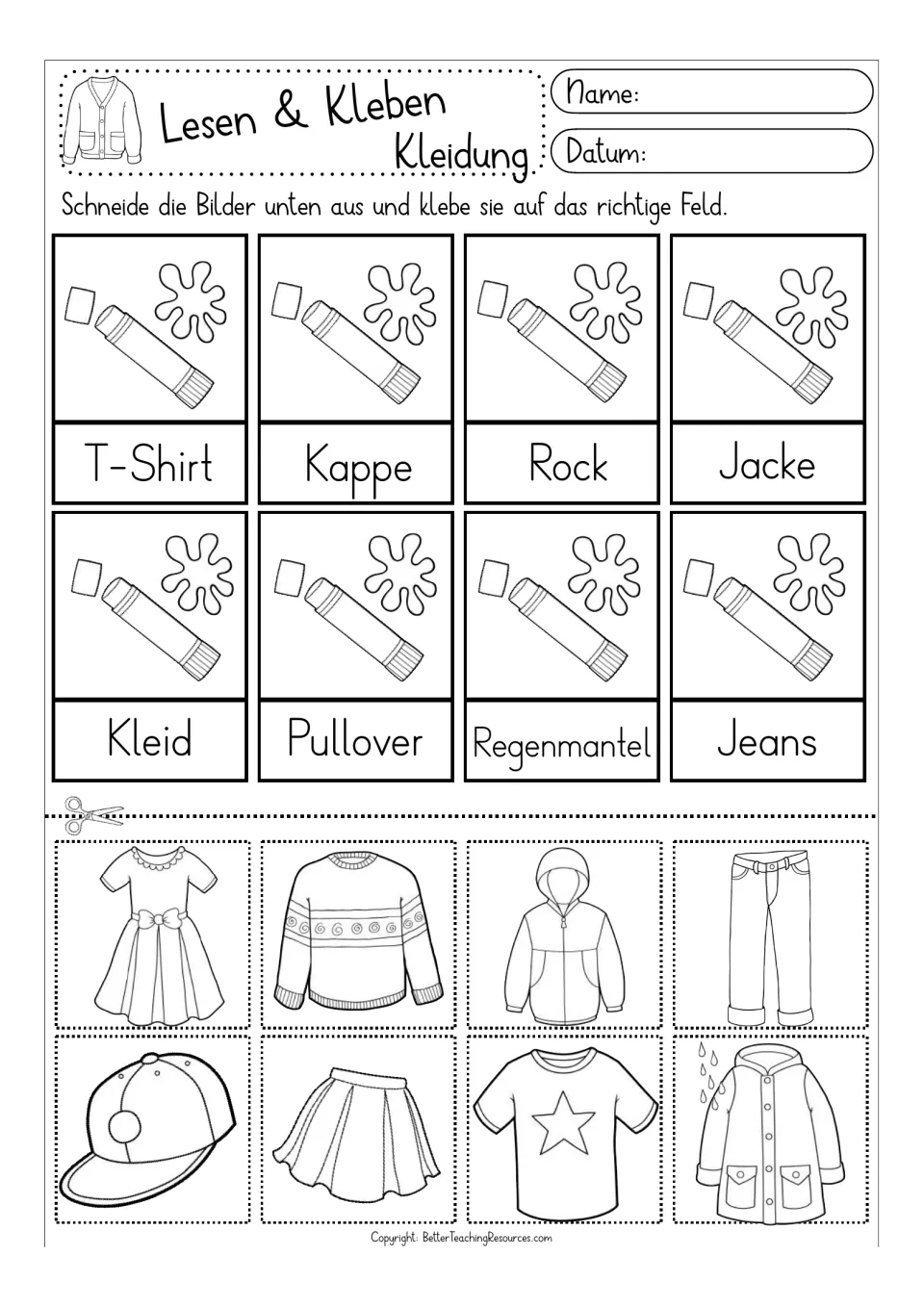 Black-and-white matching activity for eight German terms, including Kleid (dress), Pullover (sweater), and Jeans