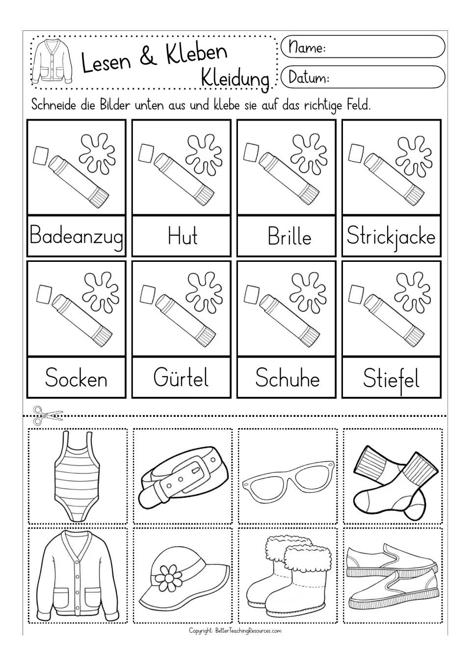 Black-and-white matching activity for eight German terms, including Socken (socks), Gürtel (belt), and Schuhe