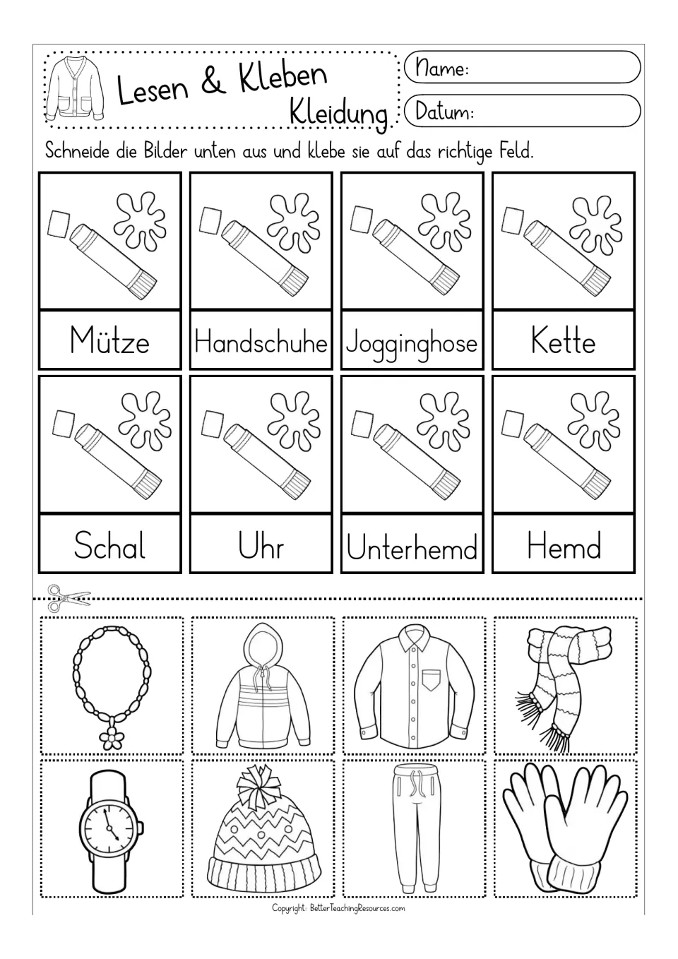 Black-and-white matching activity for Mütze, Handschuhe, and six more terms; a hoodie replaces the undershirt picture