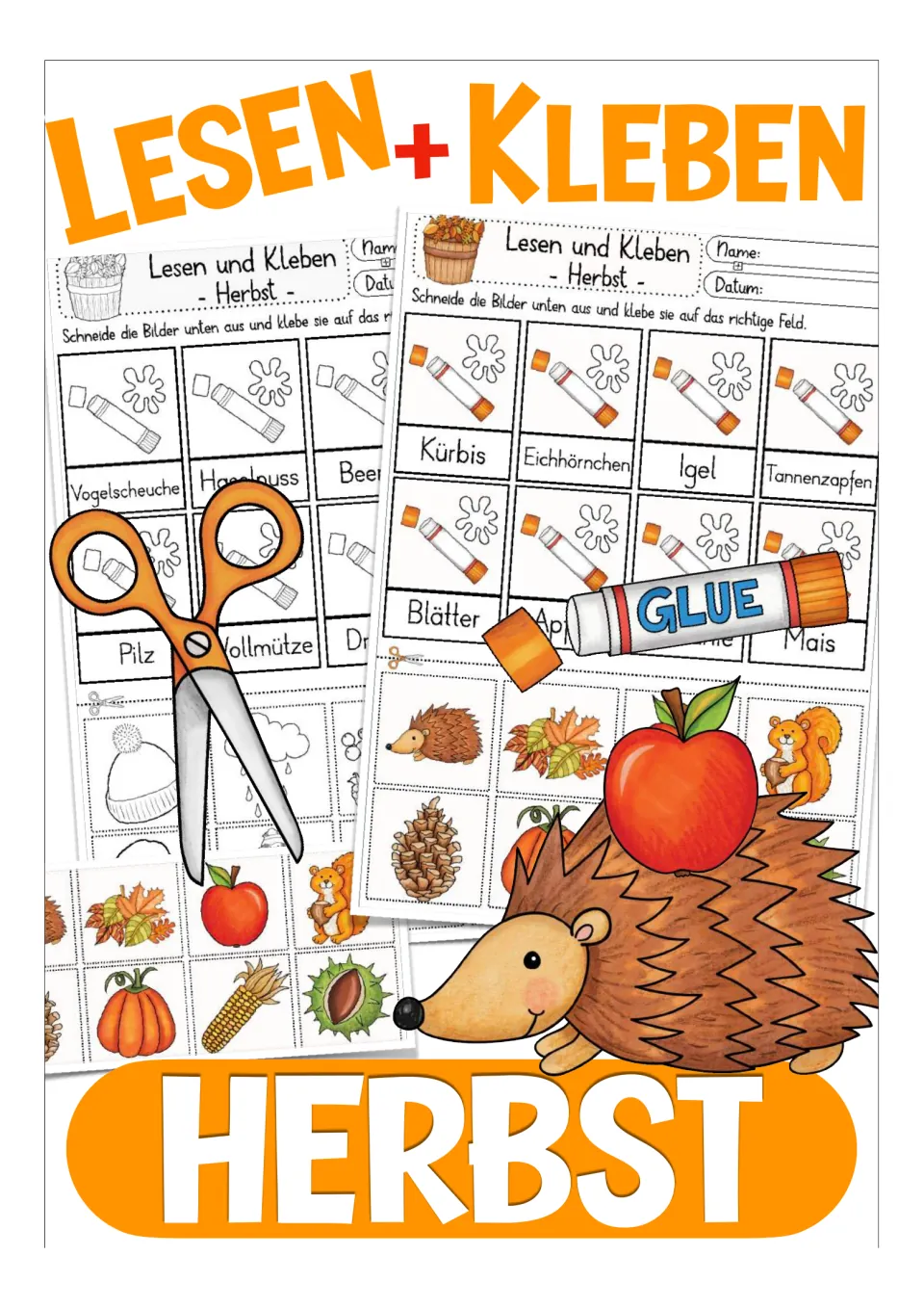 Cover of the German fall cut-and-glue resource, titled Lesen + Kleben, with sample vocabulary activities