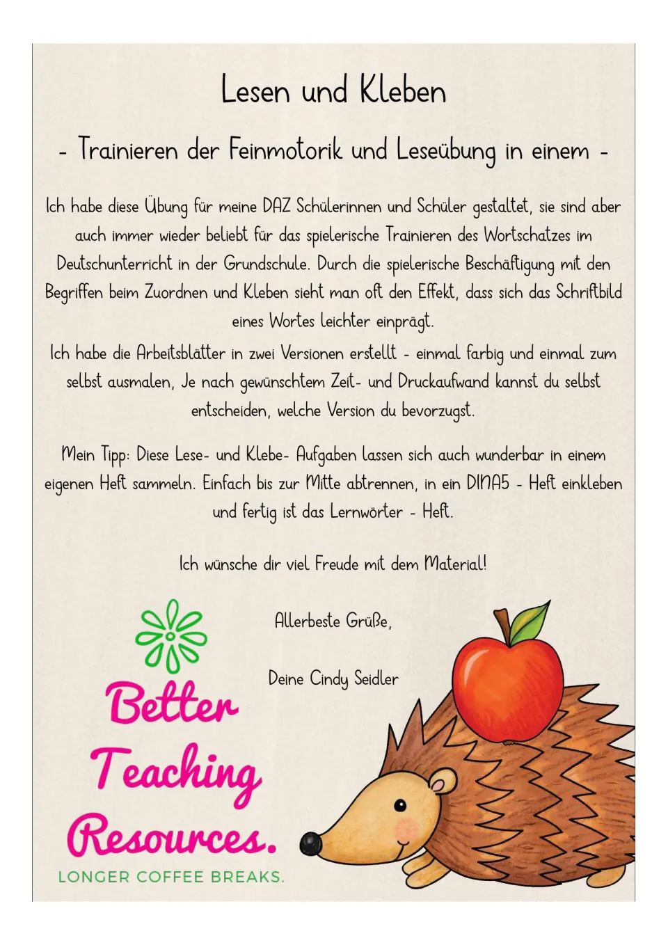 Teacher introduction explains German vocabulary matching, color and coloring versions, and notebook use