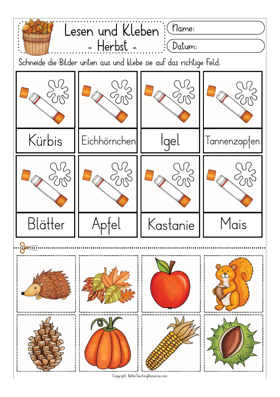 Color matching activity 1: Kürbis (pumpkin), Eichhörnchen (squirrel), Igel (hedgehog), and five more words
