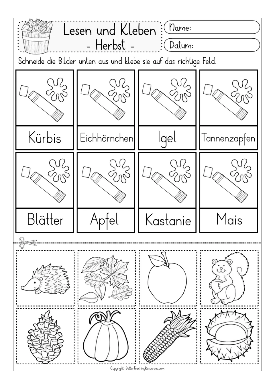 Black-and-white matching activity 1: Blätter (leaves), Apfel (apple), Mais (corn), and five more words