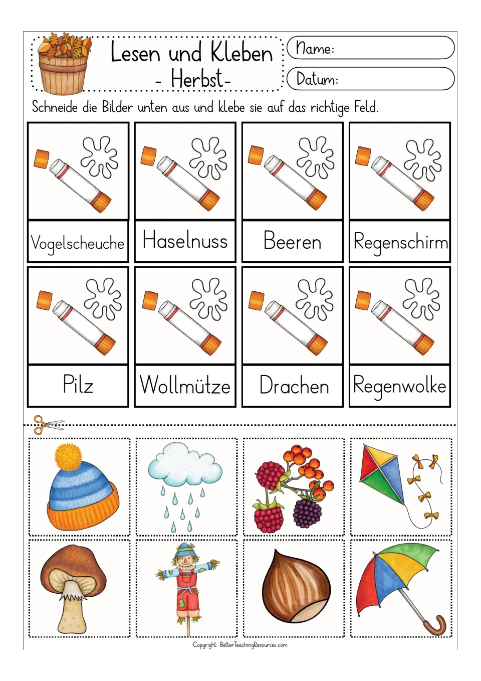 Color matching activity 2: Haselnuss (hazelnut), Beeren (berries), Pilz (mushroom), and five more words