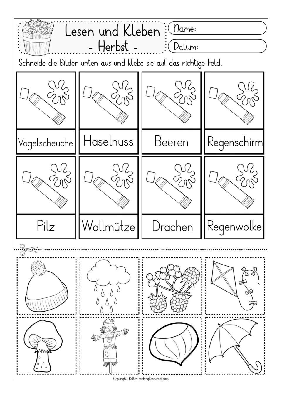 Black-and-white matching activity 2: Drachen (kite), Regenschirm (umbrella), and six more fall words