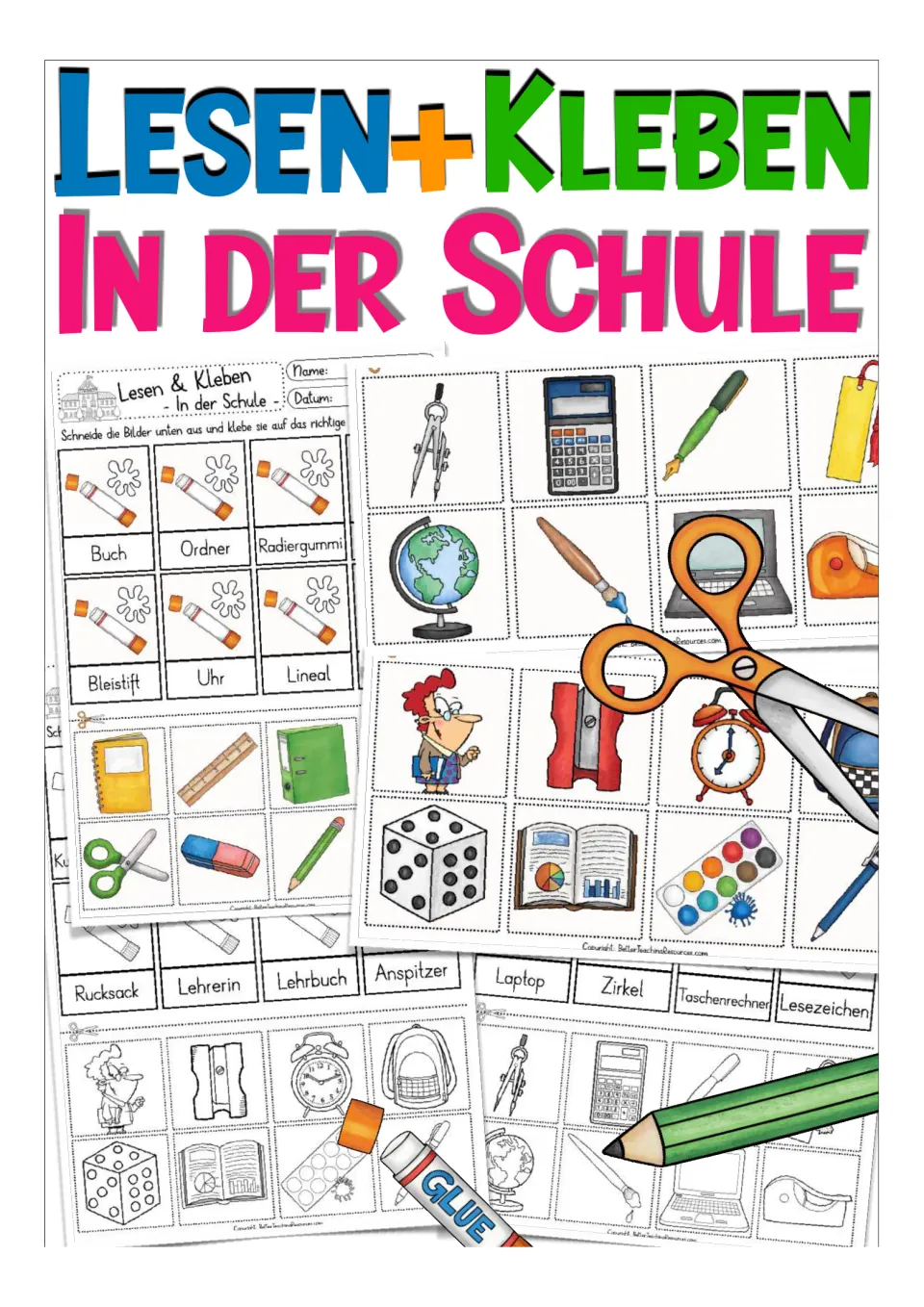 Cover of a German school vocabulary cut-and-glue resource showing sample word activities and matching pictures