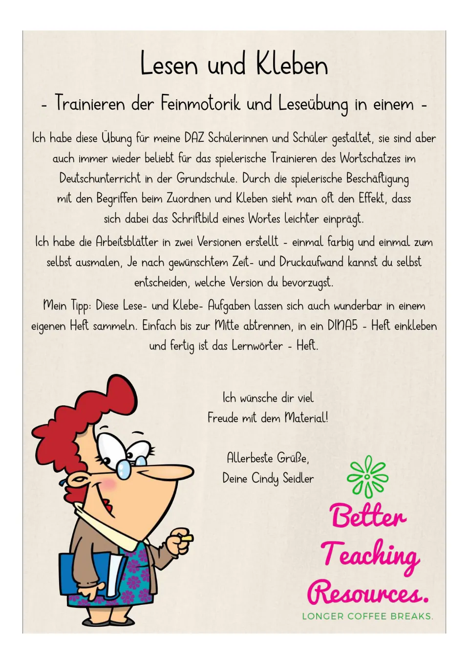 Teacher directions explain German vocabulary matching, color and coloring versions, and a vocabulary notebook