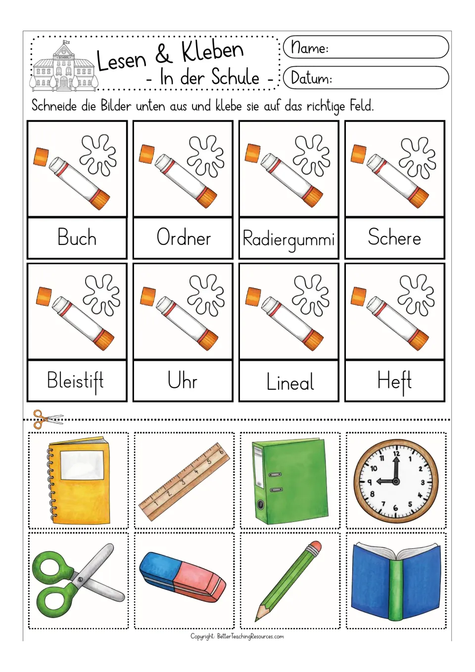 Color cut-and-glue activity for eight German words: Buch (book), Ordner (binder), Schere (scissors) and five more