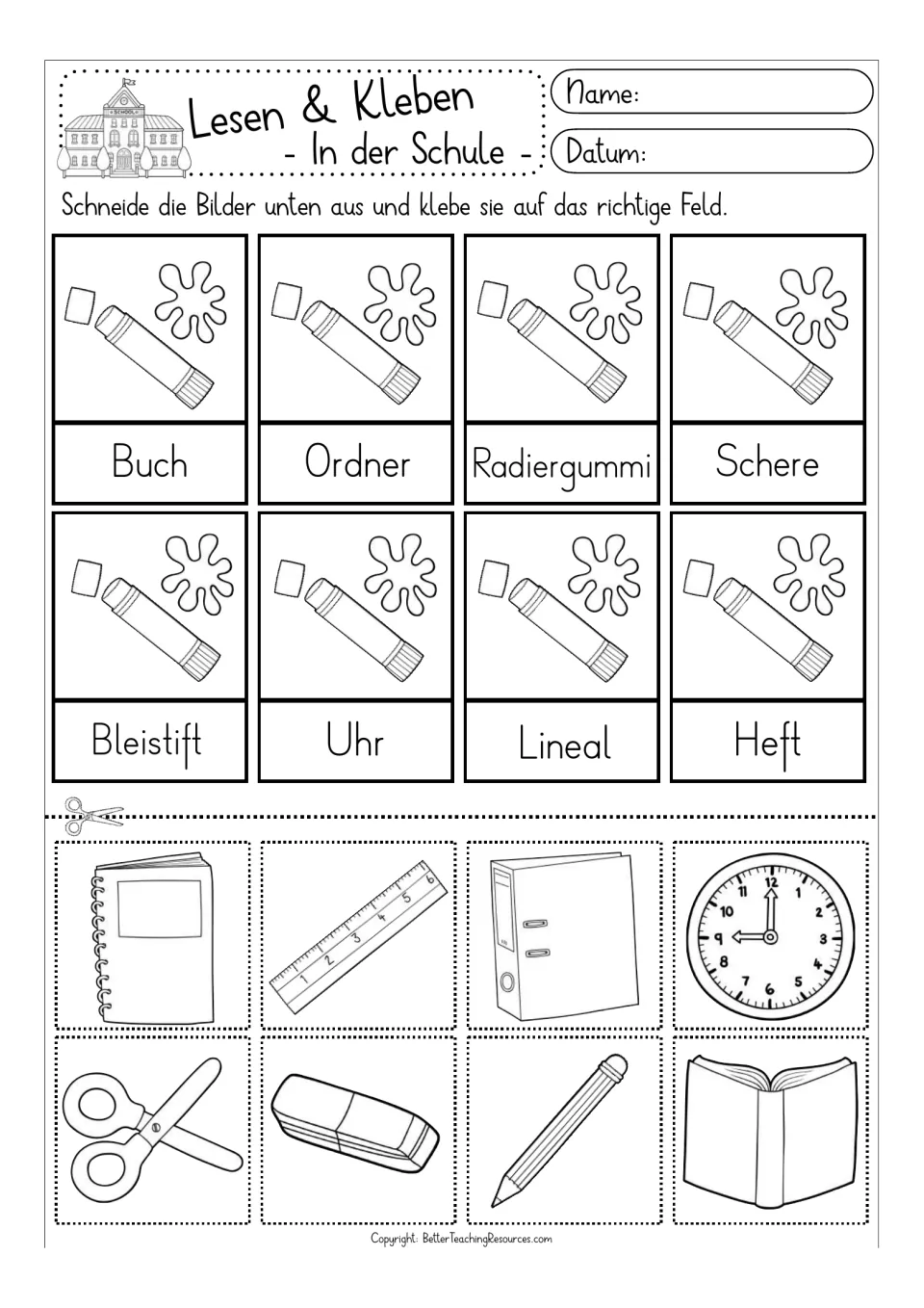 Black-and-white cut-and-glue activity for eight German words, including Bleistift (pencil) and Lineal (ruler)