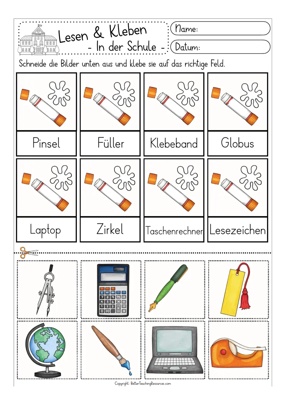 Color cut-and-glue activity for eight German words, including Pinsel (paintbrush) and Füller (fountain pen)