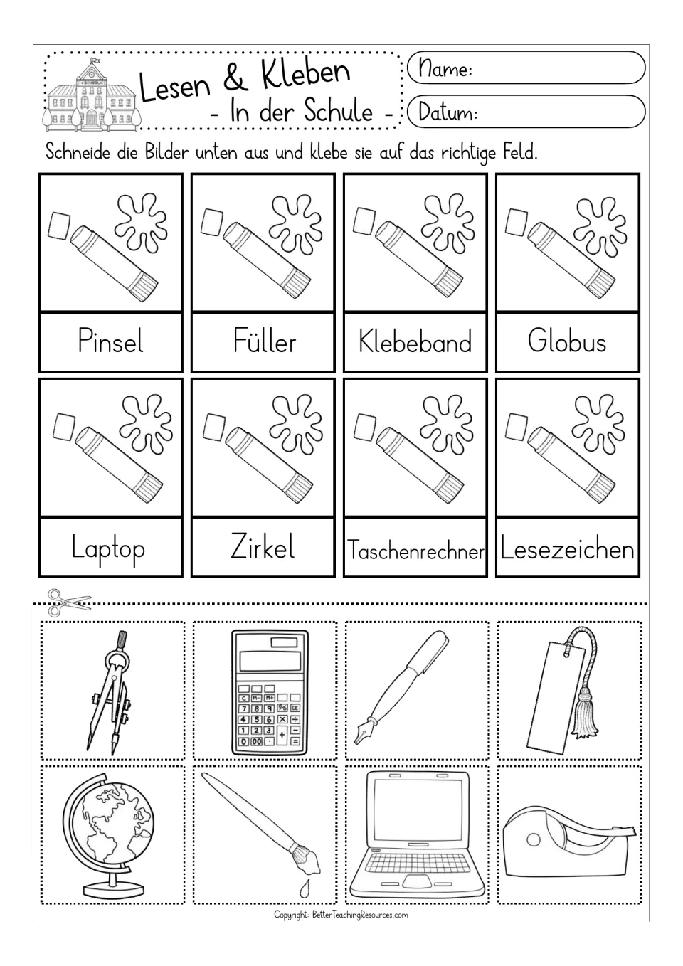 Black-and-white cut-and-glue activity for eight German words, including Globus (globe) and Zirkel (compass)