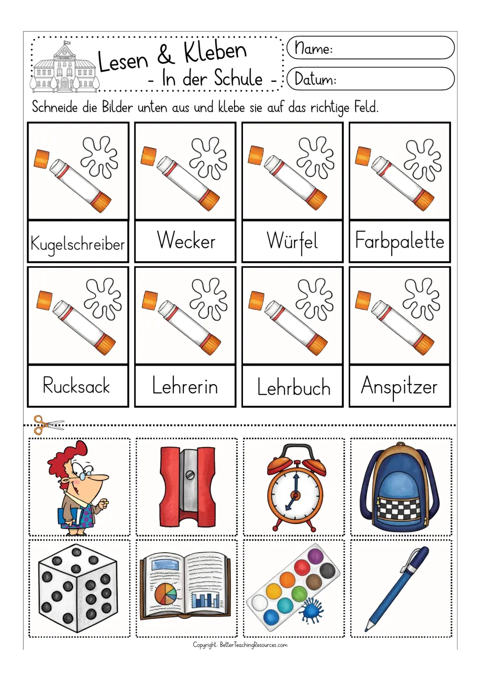 Color cut-and-glue activity for eight German words, including Wecker (alarm clock) and Rucksack (backpack)