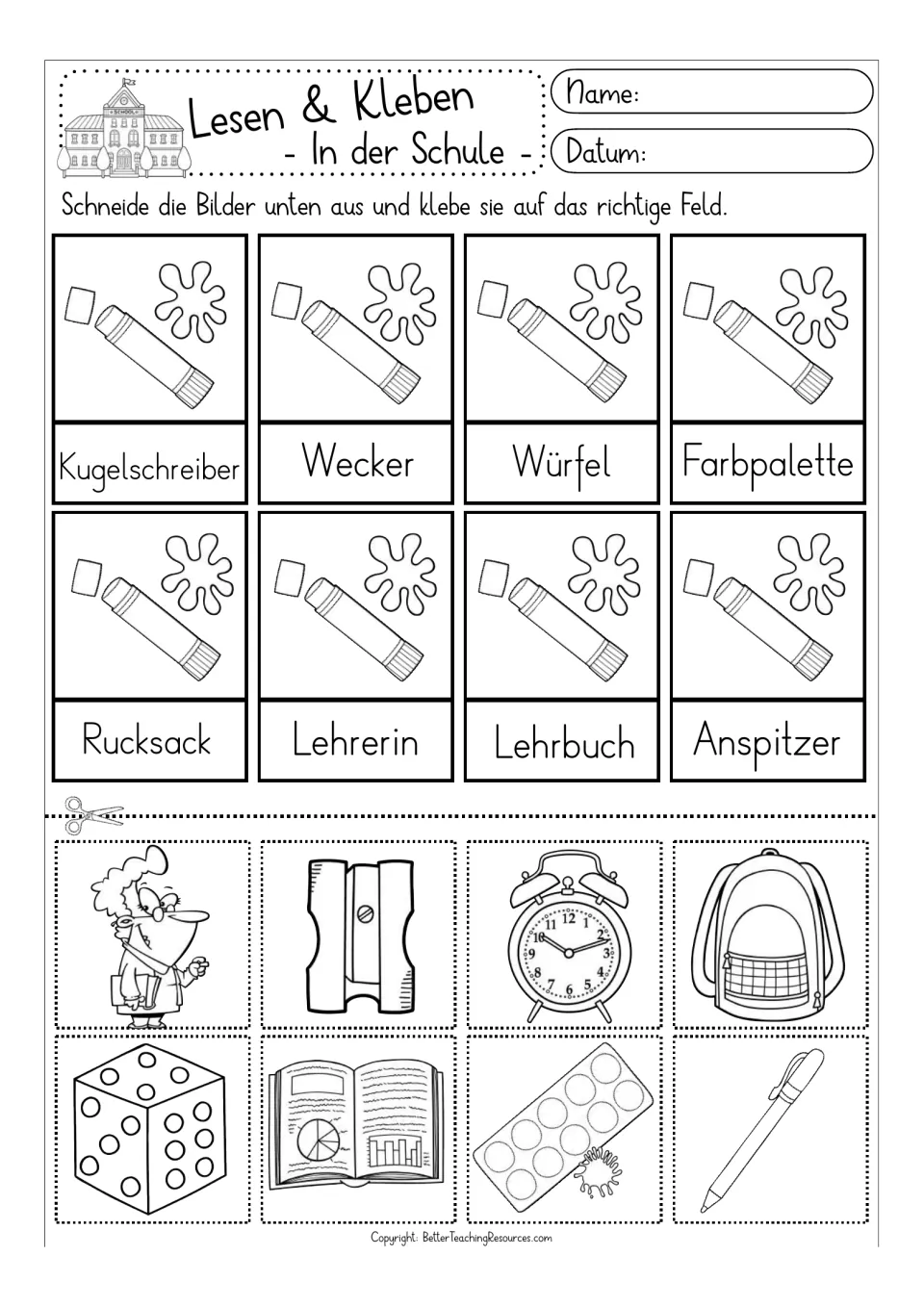 Black-and-white cut-and-glue activity for eight German words, including Würfel (die) and Lehrbuch (textbook)